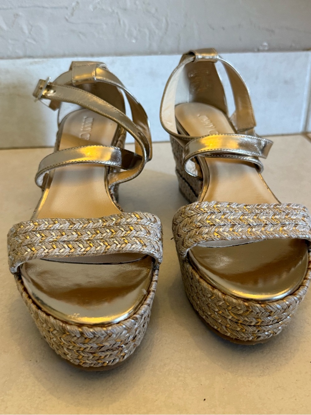 Jimmy Choo Champagne Gold wedge Sandals 37  awesome condition